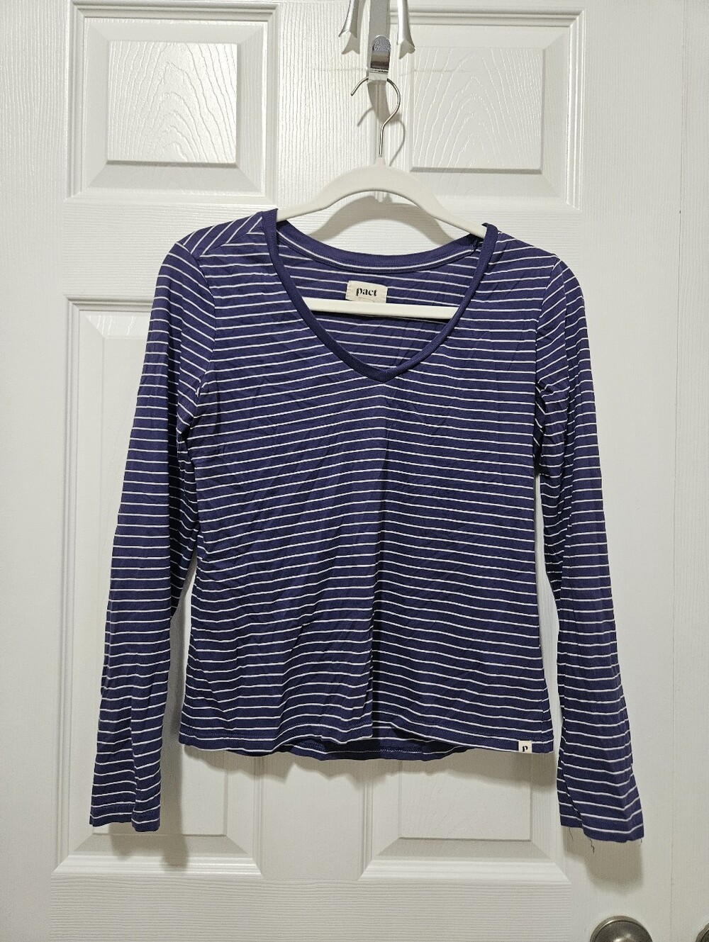 Pact Long Sleeve Purple White Striped Top S